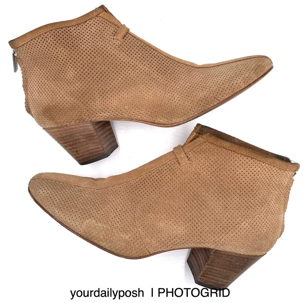 Taupe suede Aquatalia Xcellent perforated block heel ankle booties 8